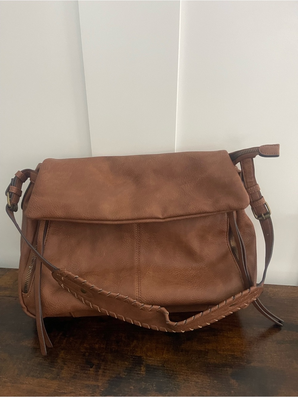 Textured Tan Leather Fold-Over Shoulder Bag